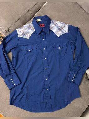 Vintage Chute #1 Western Pearl Snap Shirt Blue Plaid Yoke Cowboy Mens 17 32